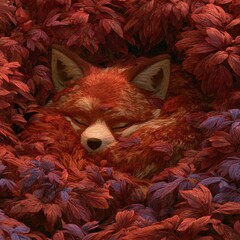 Fototapeta premium A fox character is curled up and sleeping in colorful leaves. The setting has a warm, russet tone that enhances the cozy look.