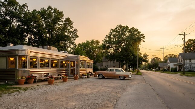 Classic Mid Century American Diner Building At Dusk For Commercial Marketing
