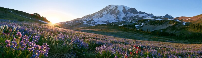 Obraz premium Mount Rainier wildflower meadow at sunrise