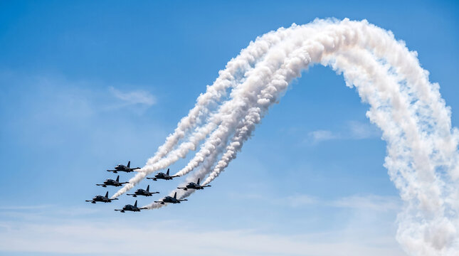 Aerobatic team jets performing a formation flight with smoke trails in a clear blue sky.