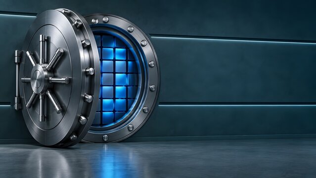 Open heavy metallic bank vault door revealing glowing blue digital data blocks inside, symbolizing digital asset storage, financial security, and crypto protection.