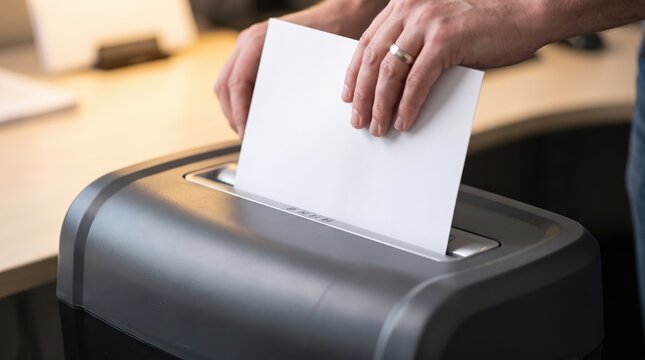 Macro view shows hand pushing paper into document shredder