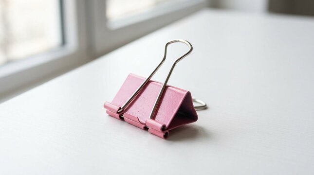 Single pink metal binder clip resting on a clean white desk surface near a bright window, sharp focus on the metallic fold-over clip, minimalist office stationery still life, soft natural light,