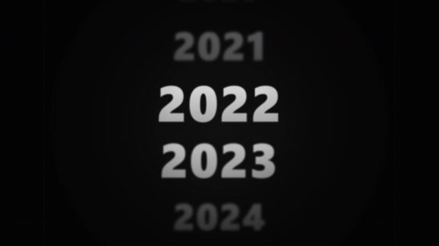 Glowing digital year interface with sharp white 2022 text against blurred consecutive numbers on dark background, concept for annual finance timeline and business planning, ideal for corporate