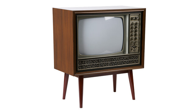 Isolated retro 1960s wood cabinet console television with blank screen and mid-century design
