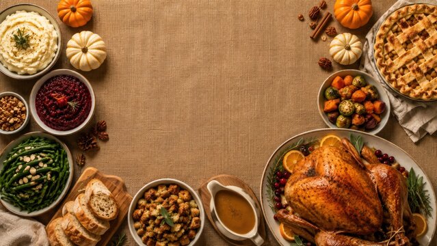 Thanksgiving dinner spread with roasted turkey and side dishes