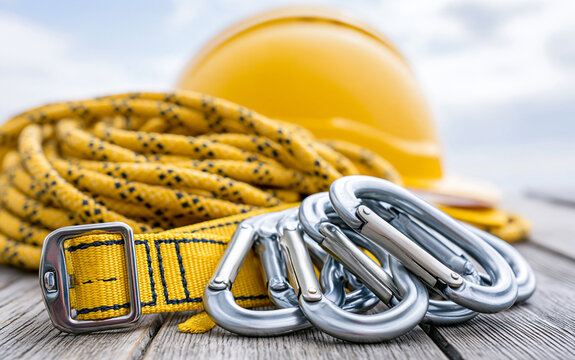 Full-body fall protection harness with safety belt, hooks and lifeline equipment arranged on a construction platform, working at height,