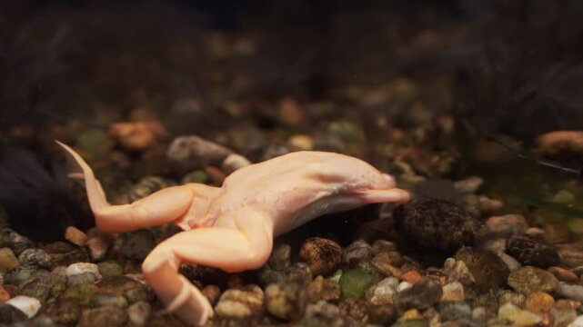 Albino clawed frog at the rocky bottom of a home freshwater aquarium tank, close up view showing delicate skin details, webbed feet, and natural underwater behavior