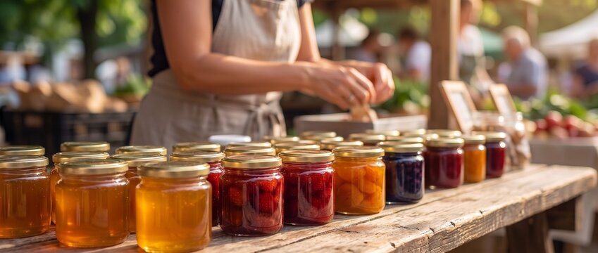 Rows of glass jars filled with homemade honey and fruit preserves on a rustic wooden stall at an outdoor farmers market, blurred female vendor in a linen apron arranging goods in the background.