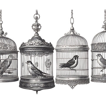Vintage ornate birdcages with small birds isolated on white background