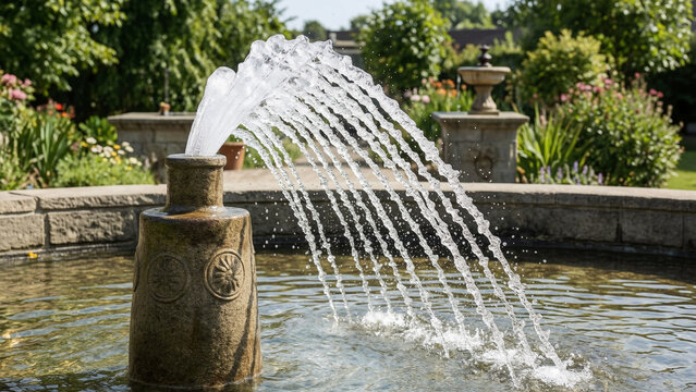 Stone fountain spraying water in a beautiful garden