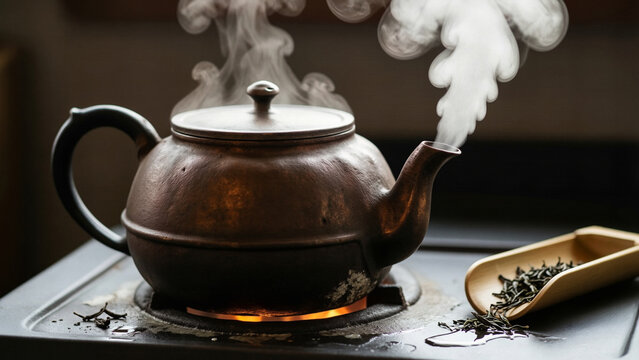 Steaming ceramic teapot with loose leaf tea on a traditional stove