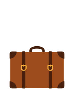 Vintage brown leather suitcase icon with straps and gold buckles, flat vector illustration of retro luggage with handle and corner protectors for travel - professional detailed commercial stock