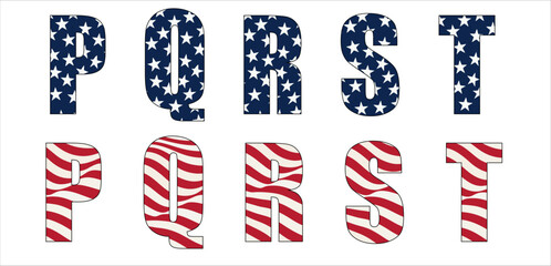 Obraz premium Vector font on background of national flag of usa. Set of letters of english alphabet with american pattern of stars and stripes for clothing, fabric, textile, paper, inscription on t-shirt.