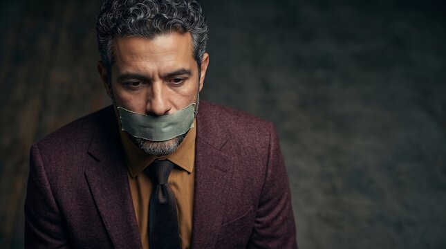 Gagged businessman in suit with duct tape over mouth in silence