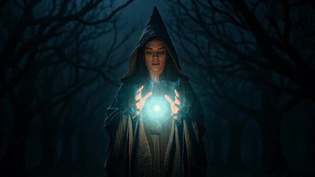 Woman sorceress casting magic spell in dark forest at night. Mysterious witch in cloak creating glowing energy orb with hands. Fantasy ritual in woodland scene