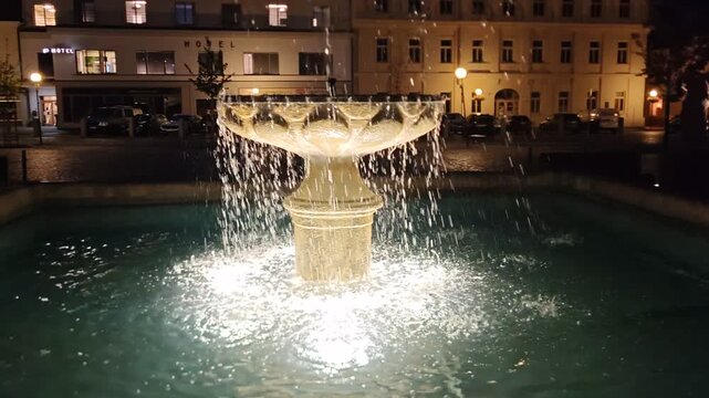 Caslav main square with illuminated fountain and historic buildings at night