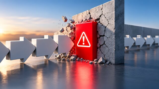 White arrows moving forward breaking through a concrete wall with a glowing red warning block, depicting overcoming obstacles, ignoring risks, or dangerous breakthrough in business.