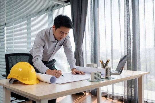 Asian engineer works on building plans at desk with hard hat and models. He reviews blueprint, laptop nearby, focused on project details and construction.