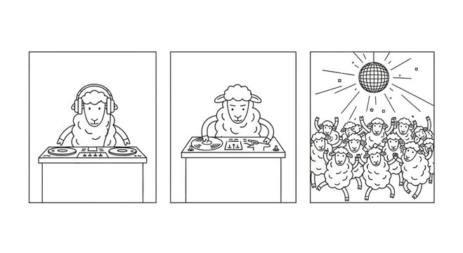 Funny Sheep DJ and Disco Party Line Art Illustration Set