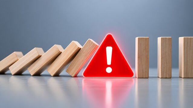 Wooden dominoes falling and being stopped by a large glowing red warning triangle, depicting risk mitigation, hazard prevention, and breaking a chain reaction in business.