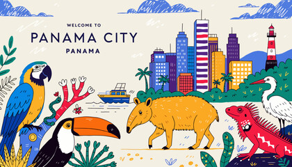 Fototapeta premium Panama City illustration with tropical animals and skyline