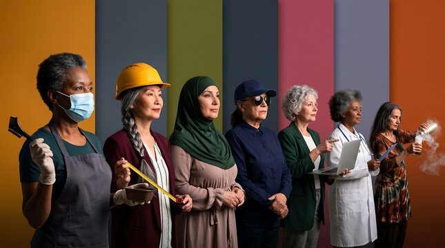 Diverse multicultural professional women standing together in a row