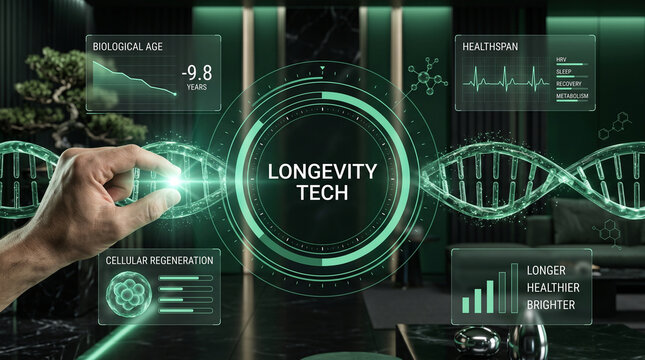 Biological age reversal dashboard displaying longevity tech cellular regeneration and advanced DNA therapy