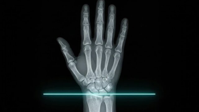 X ray of a human hand and wrist on a black background showing bones and joints Medical diagnostic imaging