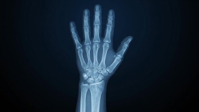 X ray of a human hand and wrist showing bones on a dark blue background