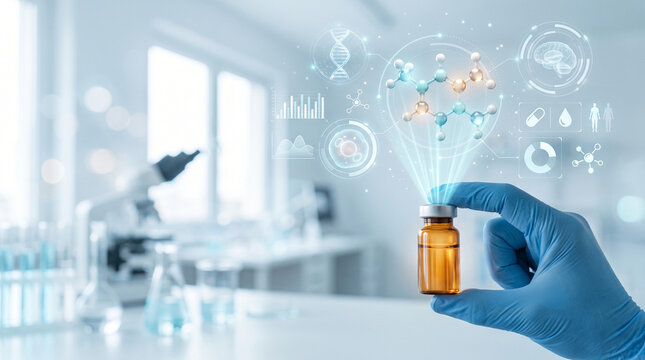 AI driven drug discovery concept showing glowing digital healthcare analytics emerging from medical vial in laboratory