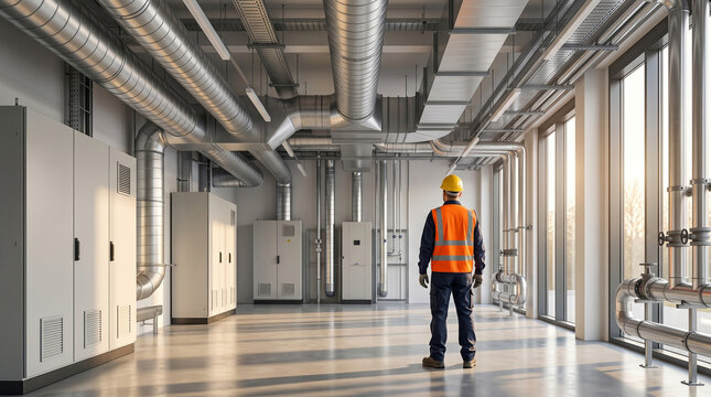 Industrial facility manager inspecting commercial hvac ventilation system and building infrastructure