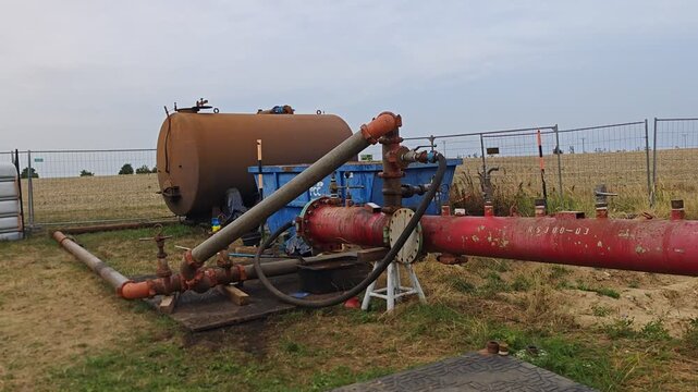 New gas pipeline pressure testing installation with valves and tank
