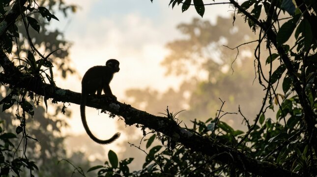 Silhouette of a monkey perched on a tree branch in a misty jungle at sunrise.