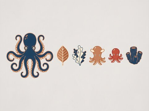 Minimalist octopus icons set, nautical sea life graphics, blue and coral art