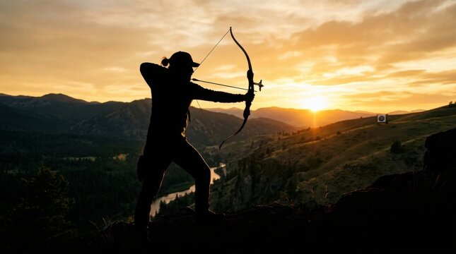 Silhouette of an Archer Aiming Bow at Sunset in Mountains.