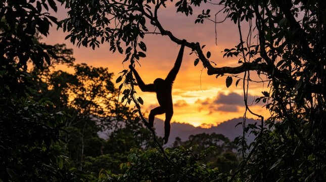 Silhouette of an orangutan swinging through trees at sunset in a lush jungle.