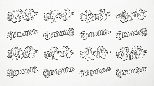 Car Engine Crankshaft Camshaft Line Art Doodle Illustration Bundle Hand Drawn Overhead Cam Lobe Counterweight Bearing Contour White Background Completely Textless Zero Lettering Words