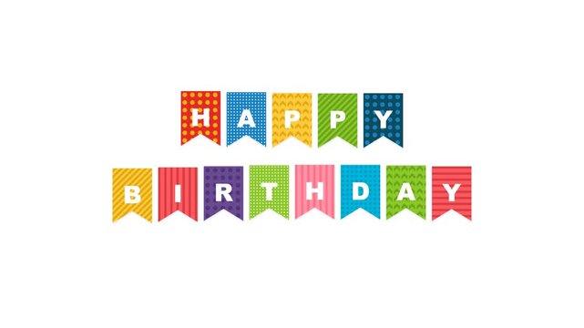 Colorful Happy Birthday bunting banner with patterned flags featuring basket weave and dot designs on a white background