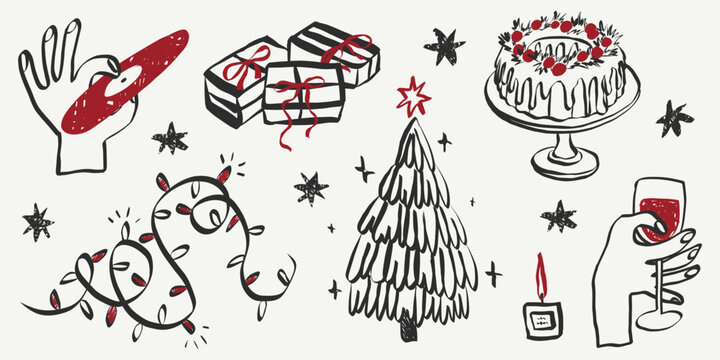 Whimsical Christmas party doodles featuring quirky icons of wine, tree, gift and xmas crayon elements in charming vintage style for holiday greeting cards. Vector illustration.