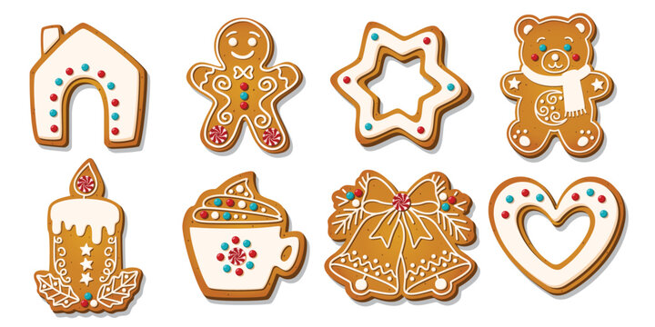 Christmas Gingerbread cookies for xmas celebration. Winter homemade biscuits with sweet icing details in festive shapes isolated on white background. Festive decoration vector illustration.