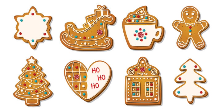 Christmas Gingerbread cookies for xmas celebration. Winter homemade biscuits with sweet icing details in festive shapes isolated on white background. Festive decoration vector illustration.