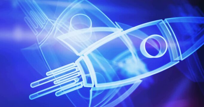 Startup business rocket launch symbol rotating on lights loopable background. Cyber technology abstract concept icon 3d seamless and loop animation.