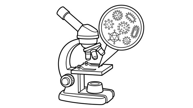 Line art illustration of a microscope viewing viruses and bacteria on a petri dish, isolated on white.
