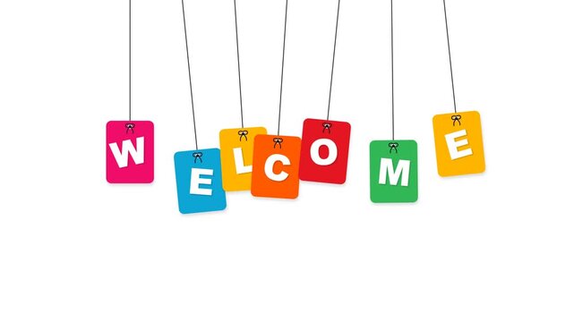 Colorful hanging paper tags spelling the word welcome sign reveal on clean white background