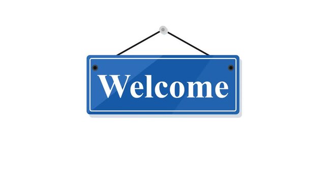 Blue Hanging Welcome Sign Board Vector, Store Entrance Greeting Signboard and Reveal Hanging Door Banner