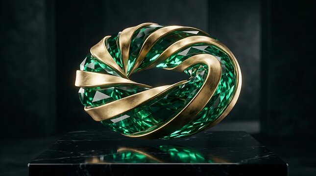 Spiral emerald and gold sculpture on dark surface