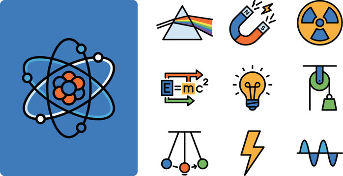Set of flat design science and physics concept icons including atom, prism, E=mc squared, magnet, lightbulb, pulley, radiation, lightning, and wave