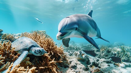Fototapeta premium Two dolphins glide gracefully through sunlit blue water above a vibrant coral reef
