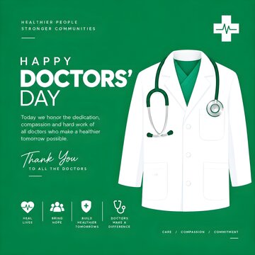 National doctors day poster design featuring a white lab coat and stethoscope